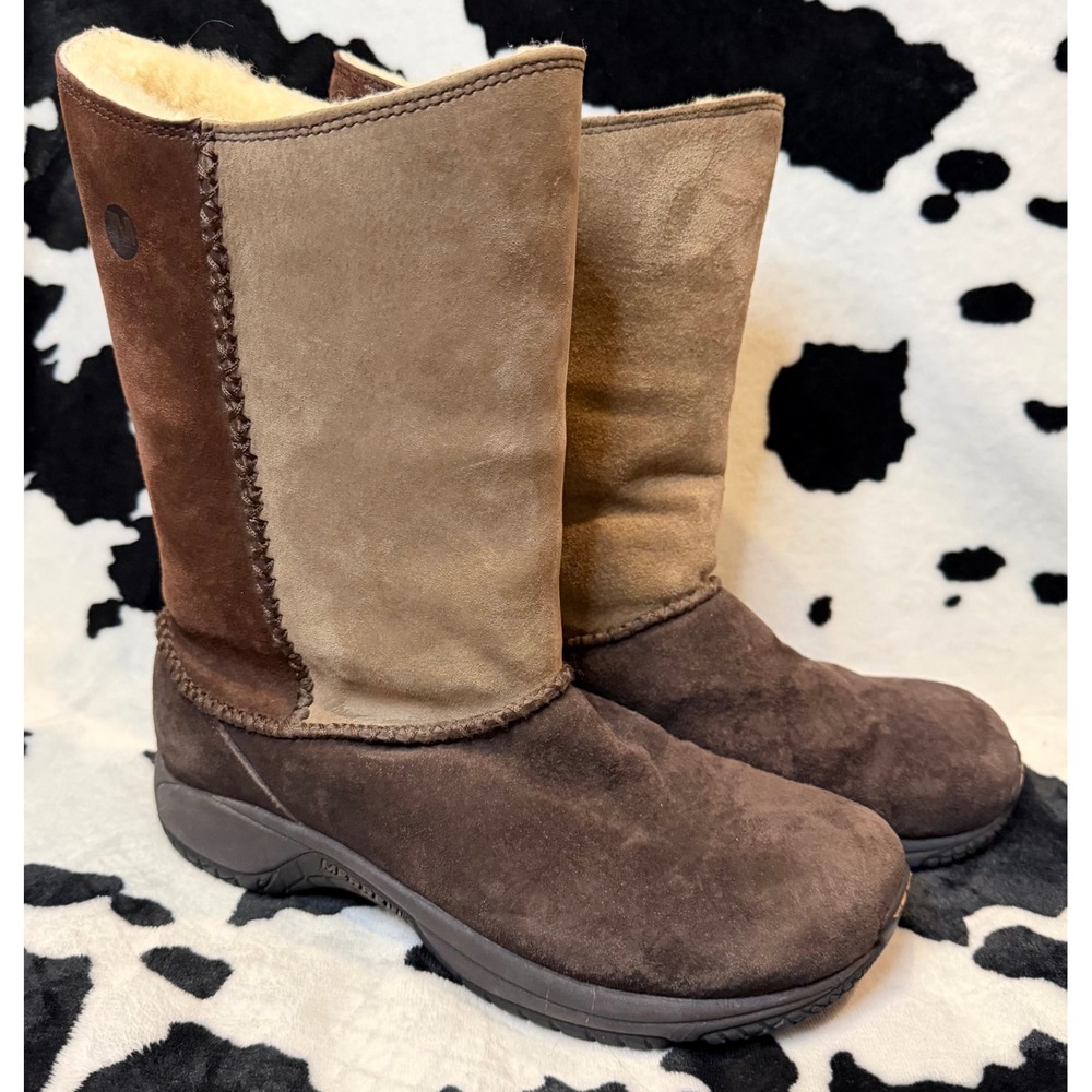 Merrell Womens Brown Suede Mid Calf Winter Boots Faux Fur Lined Air Cushion Sole